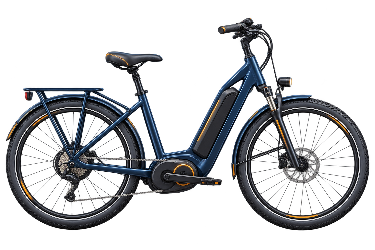 A modern step-through electric bicycle with a frame battery and mid-drive motor